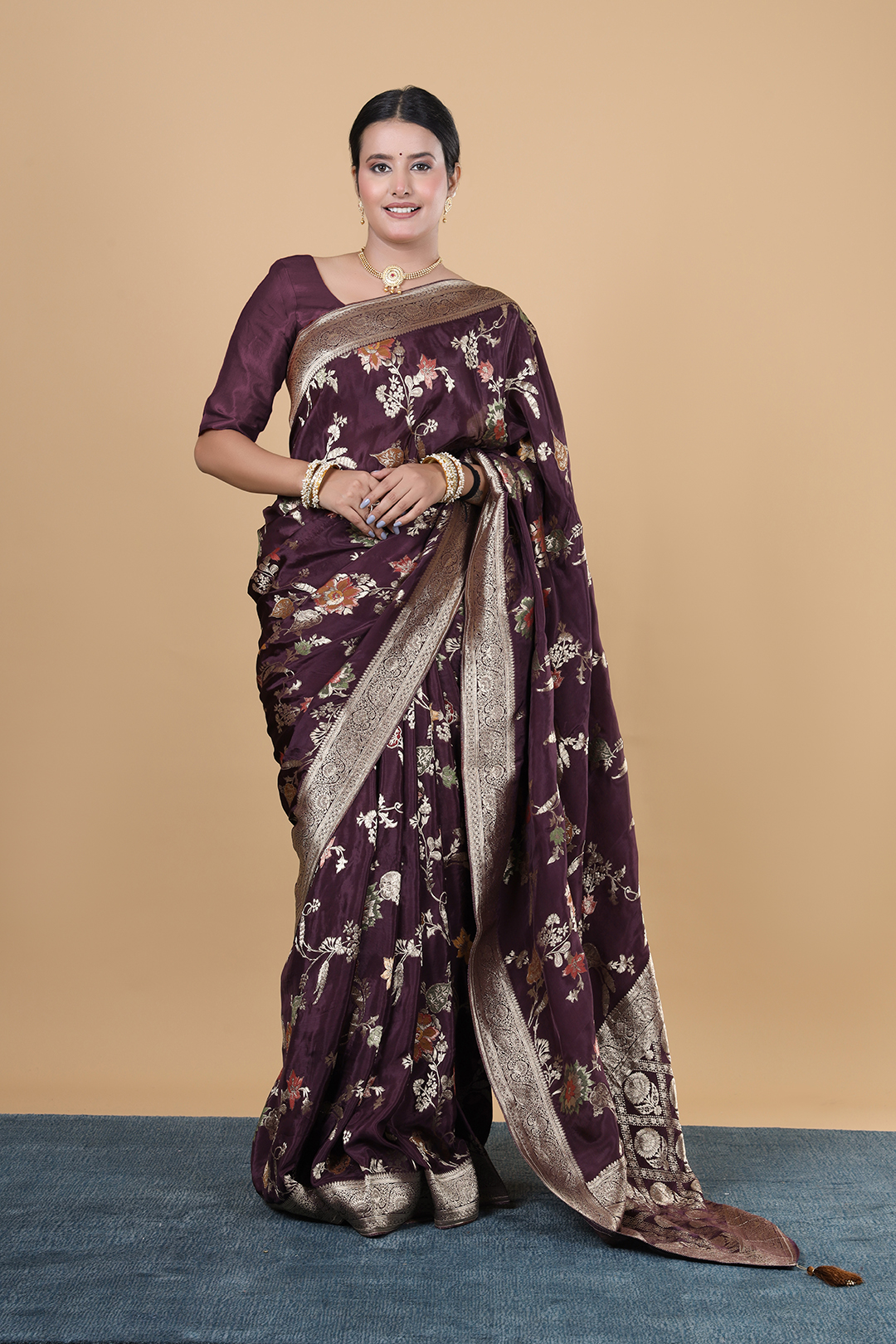 Wine H.O. Flower Jal Print Saree with Zari Border and Elegant Unstitched Blouse